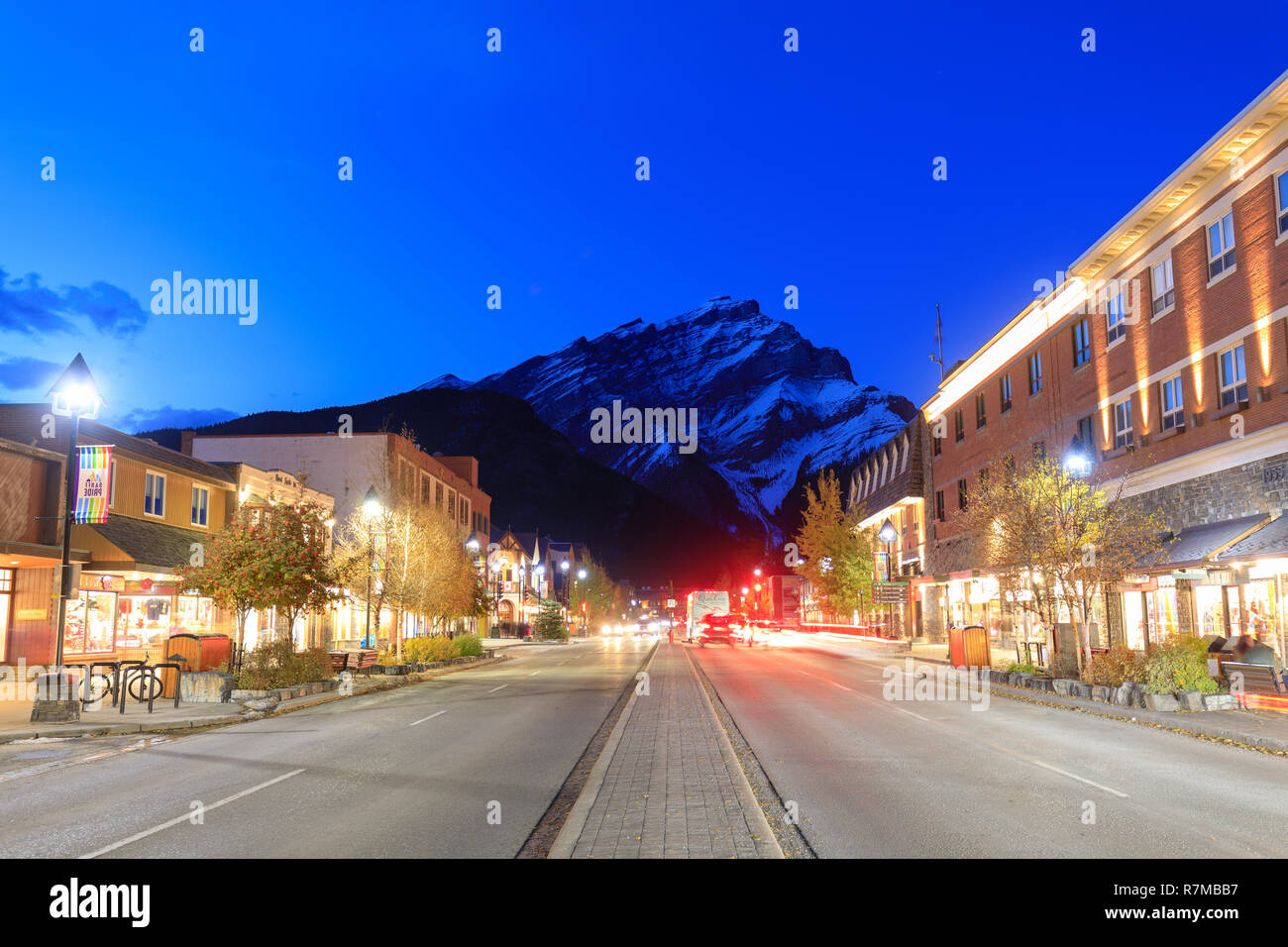 Alberta, Canada - October 7, 2018 : Downtown Banff with Cascade Mountain at night, Banff National Park Stock Photo