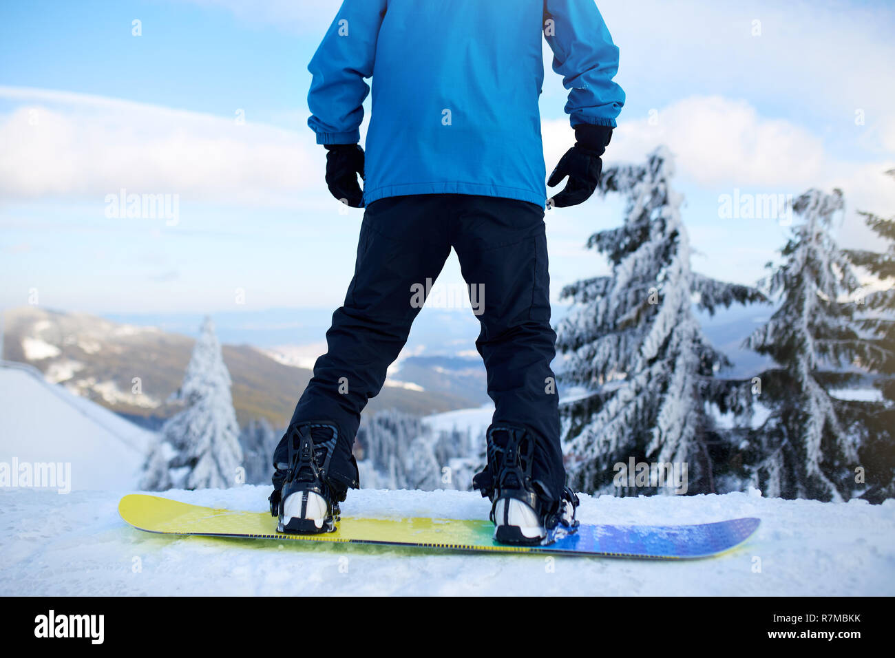 Back view of snowboarder legs on his board before backcountry freeride session in the forest. Man's feet in boots mounted in modern snowboard fast flow bindings fixed with straps. Rider at ski resort. Stock Photo