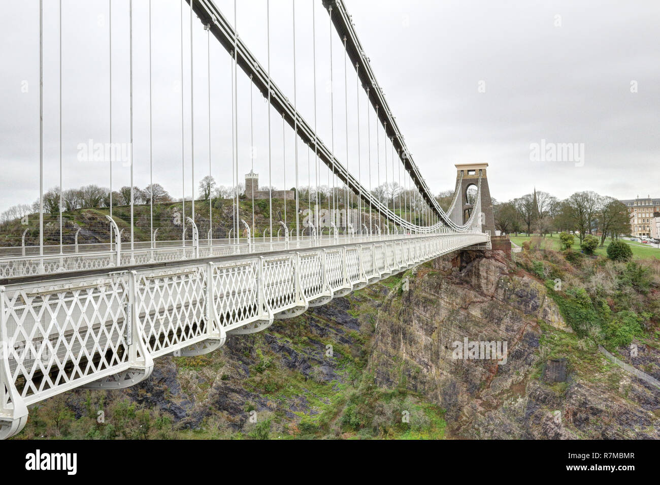 The deck, the suspender and main cables and the tower of the Clifton Suspension Bridge over the Avon river in Bristol, United Kingdom Stock Photo