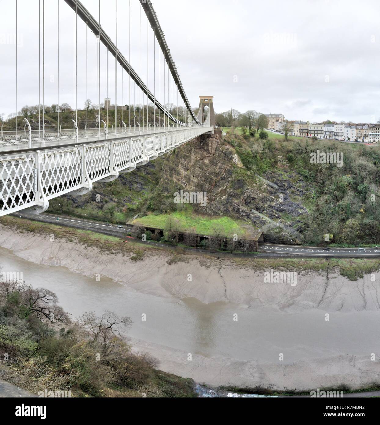 A wide angle view of the deck, the suspender and main cables and the tower of the Clifton Suspension Bridge on Avon river in Bristol, United Kingdom Stock Photo