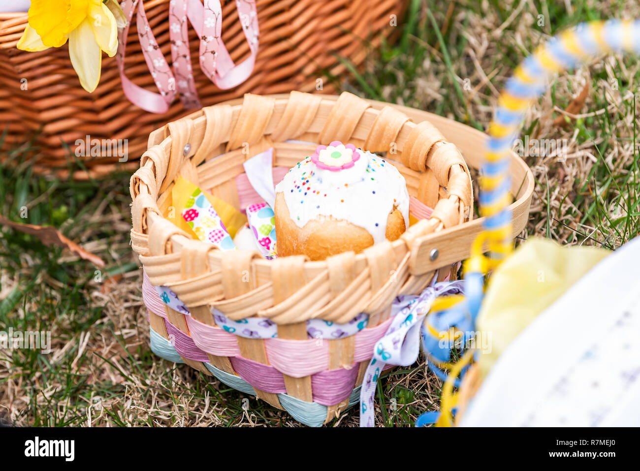 Cute pink Kulich Russian Orthodox Easter blessing wicker straw basket