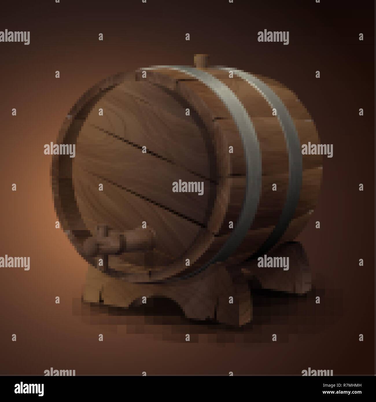 old wooden barrel on rack with wood stopcock front view isolated on background vector illustration Stock Vector