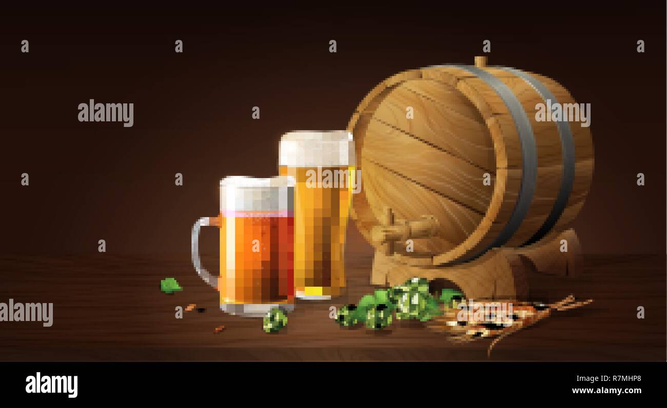 lager beer in glass cup and wood barrel with wheat and hops, refreshing drink with white foam in 3d illustration, splashing beer vector illustration Stock Vector