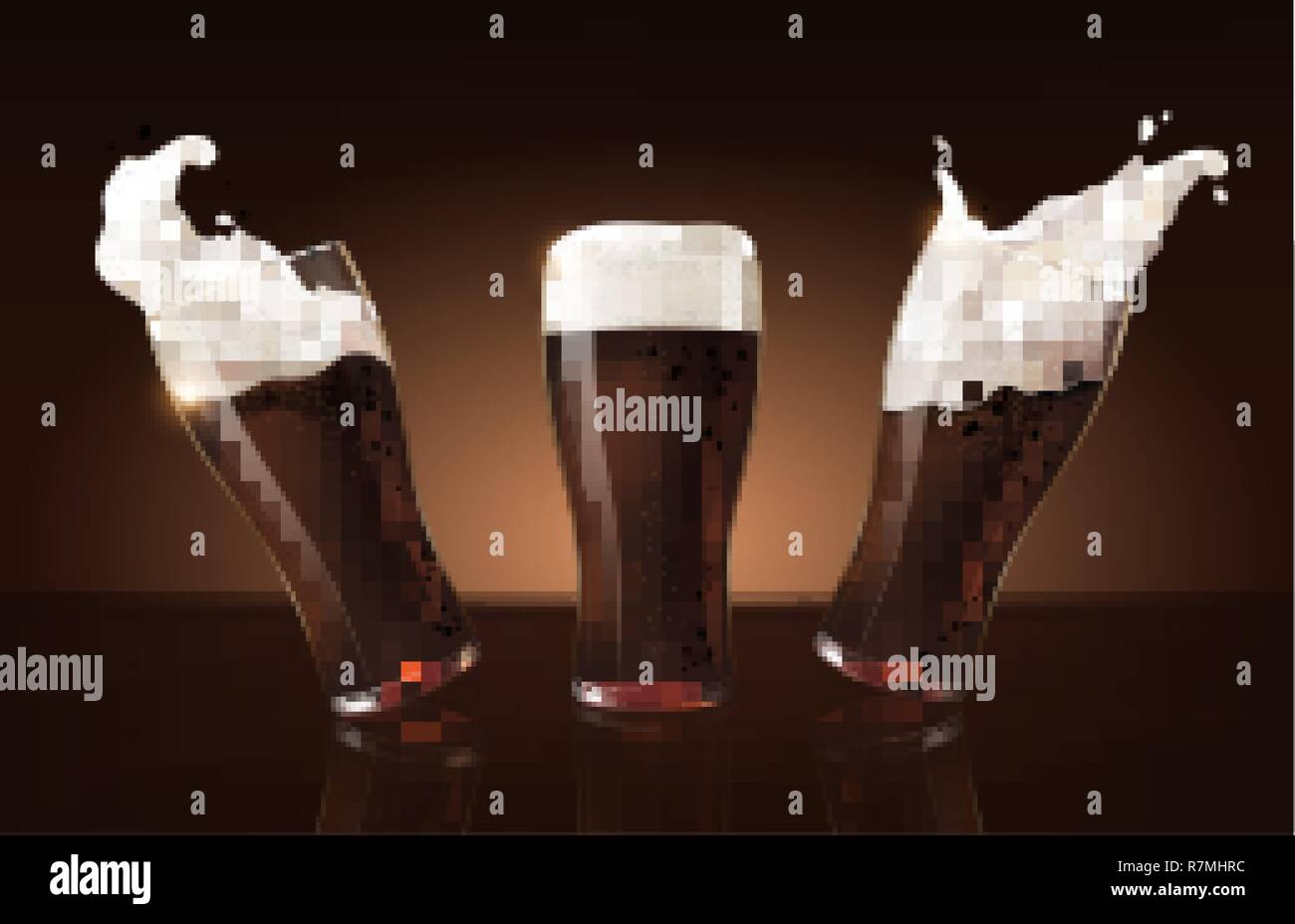 set dark porter beer in glass cup, refreshing drink with white foam in 3d illustration, splashing beer set vector illustration Stock Vector