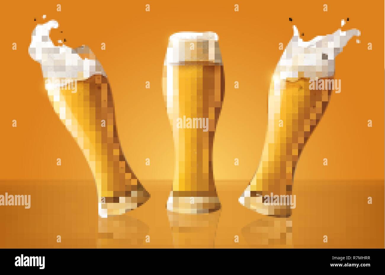 set light beer in glass cup, refreshing drink with white foam in 3d illustration, splashing beer set vector illustration Stock Vector
