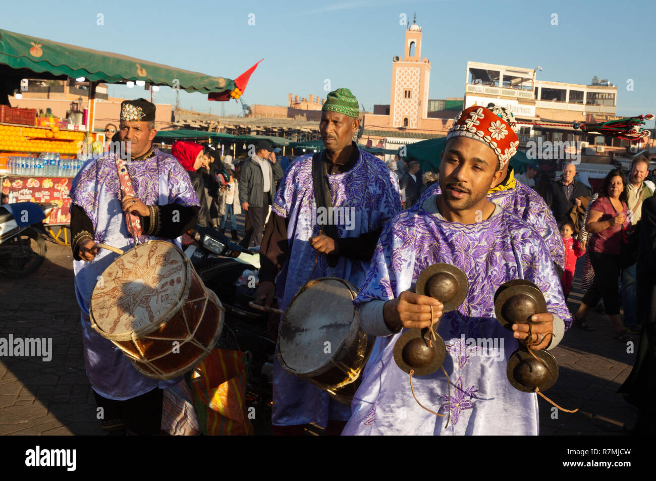 Marrakech music musicians performing in traditional costume, Djemaa