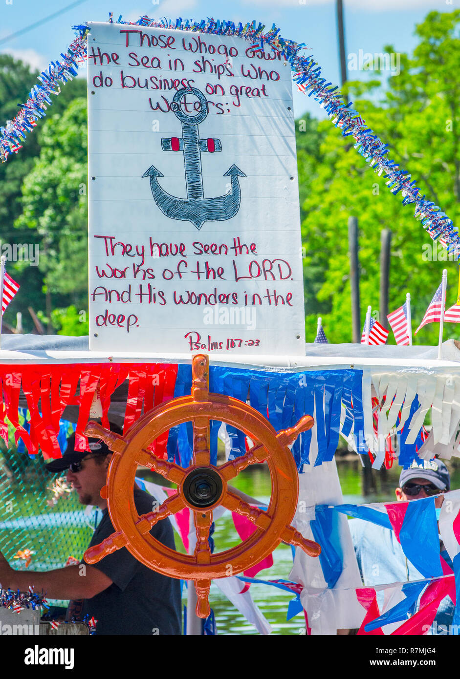 A decorated shrimp boat, “Don’t Tread on Me,” participates in the 66th annual Blessing of the Fleet in Bayou La Batre, Alabama, May 3, 2015. Stock Photo