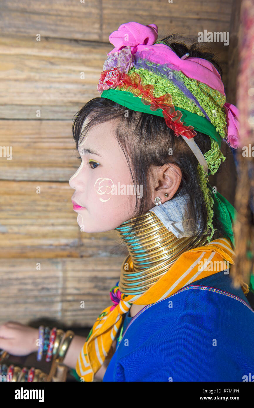 Long-necked woman, Karen tribe, Chiang Mai, Thailand Stock