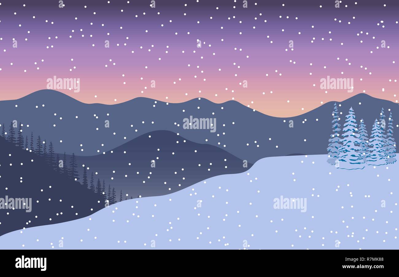 Winter landscape. Evening twilight, distant mountains, decorated illuminated x-mas tree, gift, snow flurry, Stock Vector