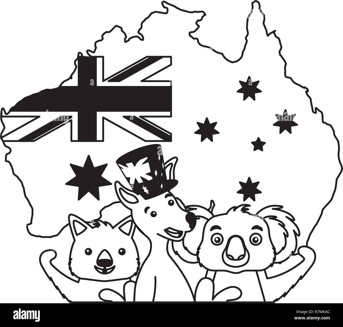kangaroo koala wombat and emu australian flag map Stock Vector Image ...