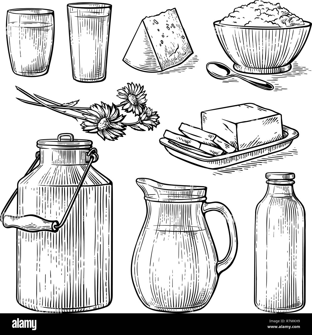Collection Items Dairy Products Drawing Sketch Glass Milk Bottle Iron Can Cup Cheese Flowers Crumbly Curd Vector Illustration Stock Vector Image Art Alamy