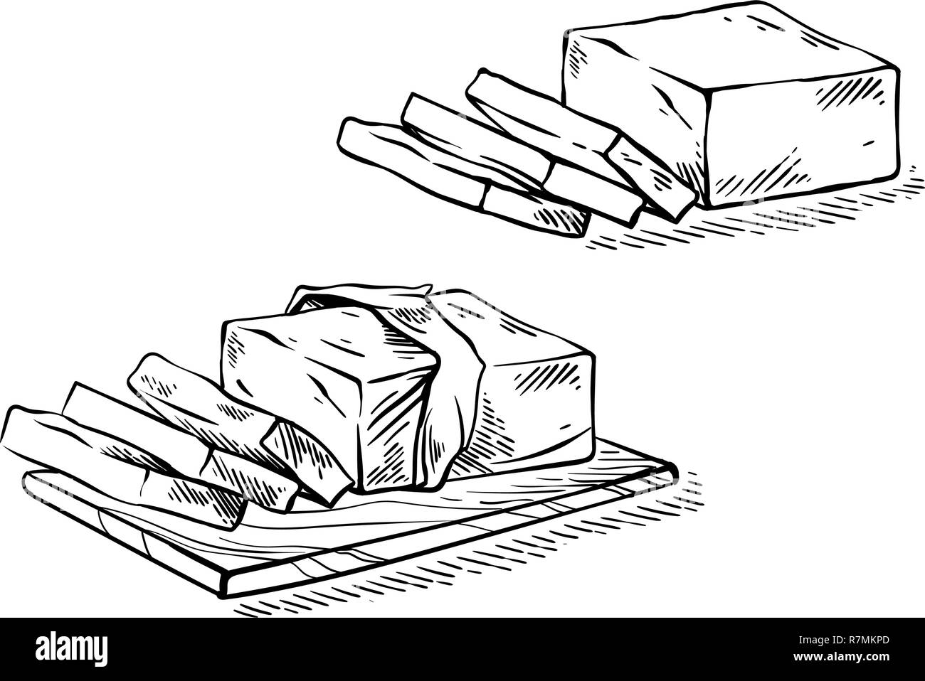 Hand drawn sketch slice of butter on the wooden broad vector