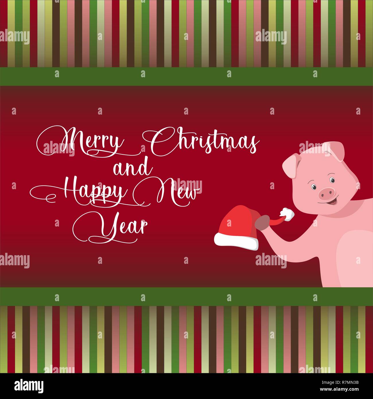 Christmas greeting illustration with cartoon piggy Stock Photo - Alamy