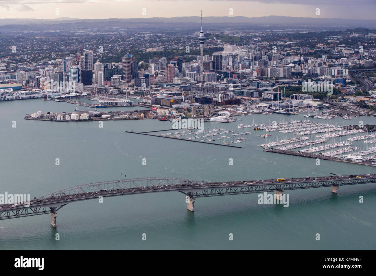 Aerial cityscape overviews of Auckland City, CBD, bridge, Waitemata harbour and Hauraki Gulf, New Zealand Stock Photo