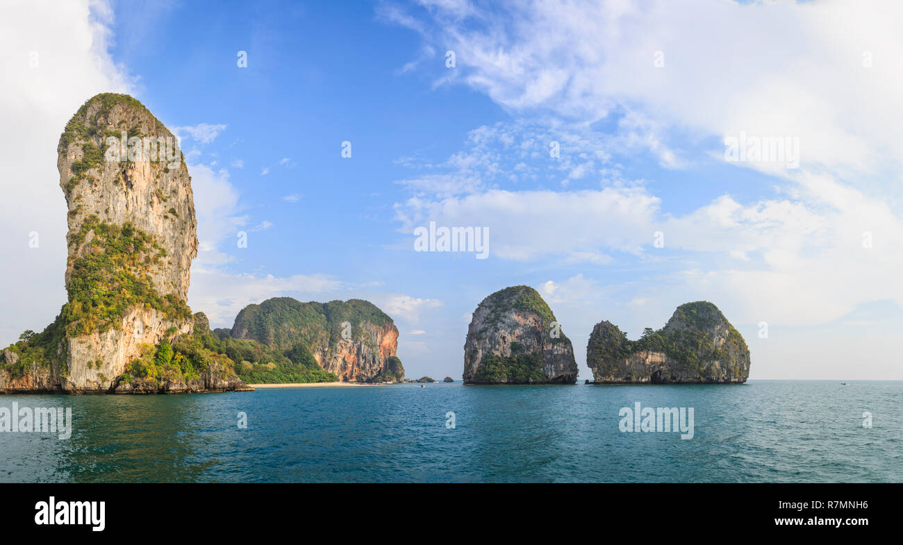 A view to the Railay beach area near Krabi in Thailand. Typical karst rocks of the Phang Nga area near Krabi. Stock Photo