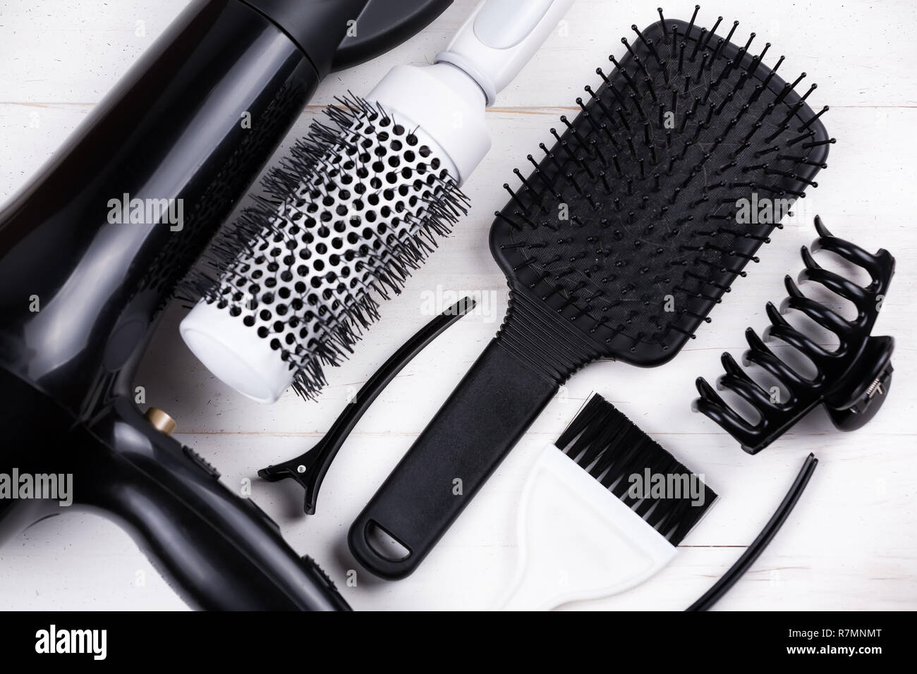 Black And White Hair Styling Tools Brush Dryer Clip On White