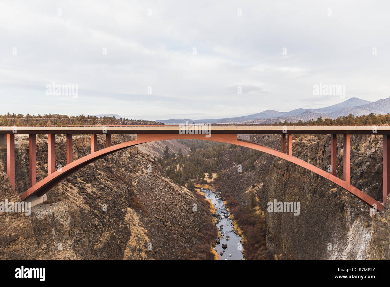 View of steel arch bridge as seen from Peter Skene Ogden Park near Terrebonne, Oregon Stock