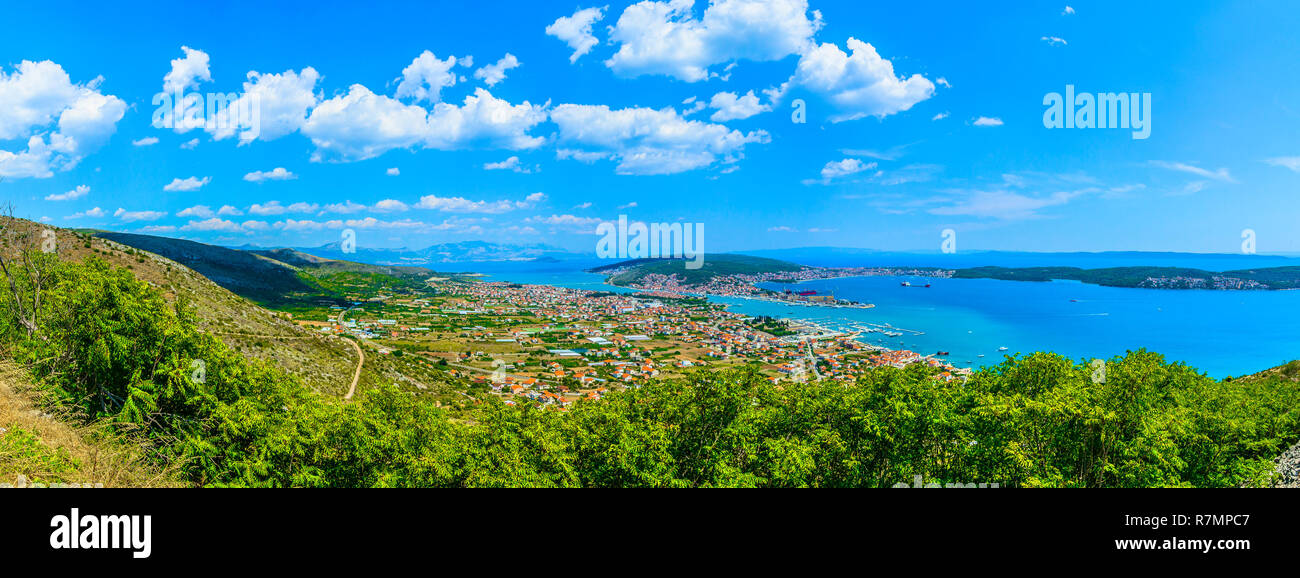 Panorama of marble Trogir Riviera in suburb of Split City, Croatia. Stock Photo