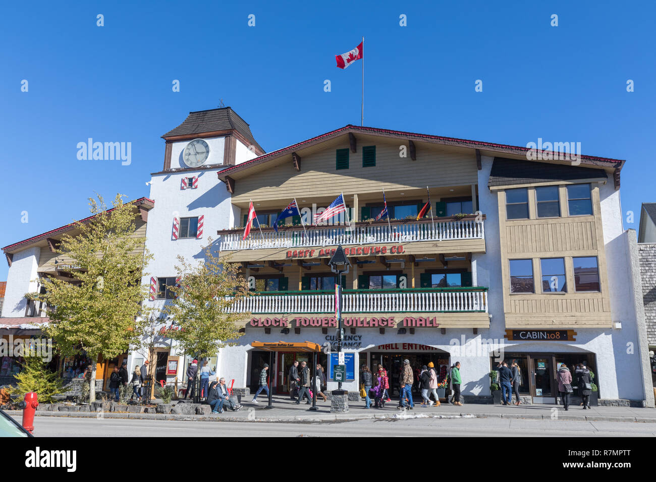 Alberta, Canada - October 7, 2018 : Scene of Downtown Banff, Tourist Shops in the center of Banff Stock Photo