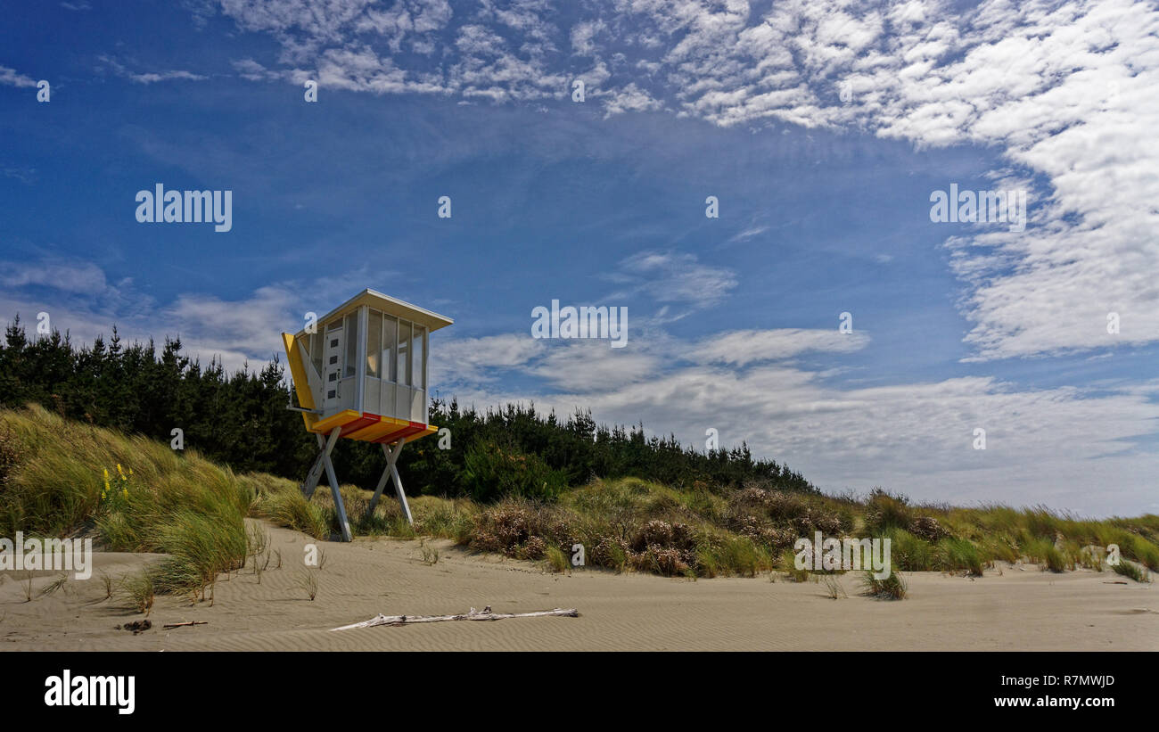 Imposing lifeguard tower at Woodend Beach, New Zealand. Landscape view