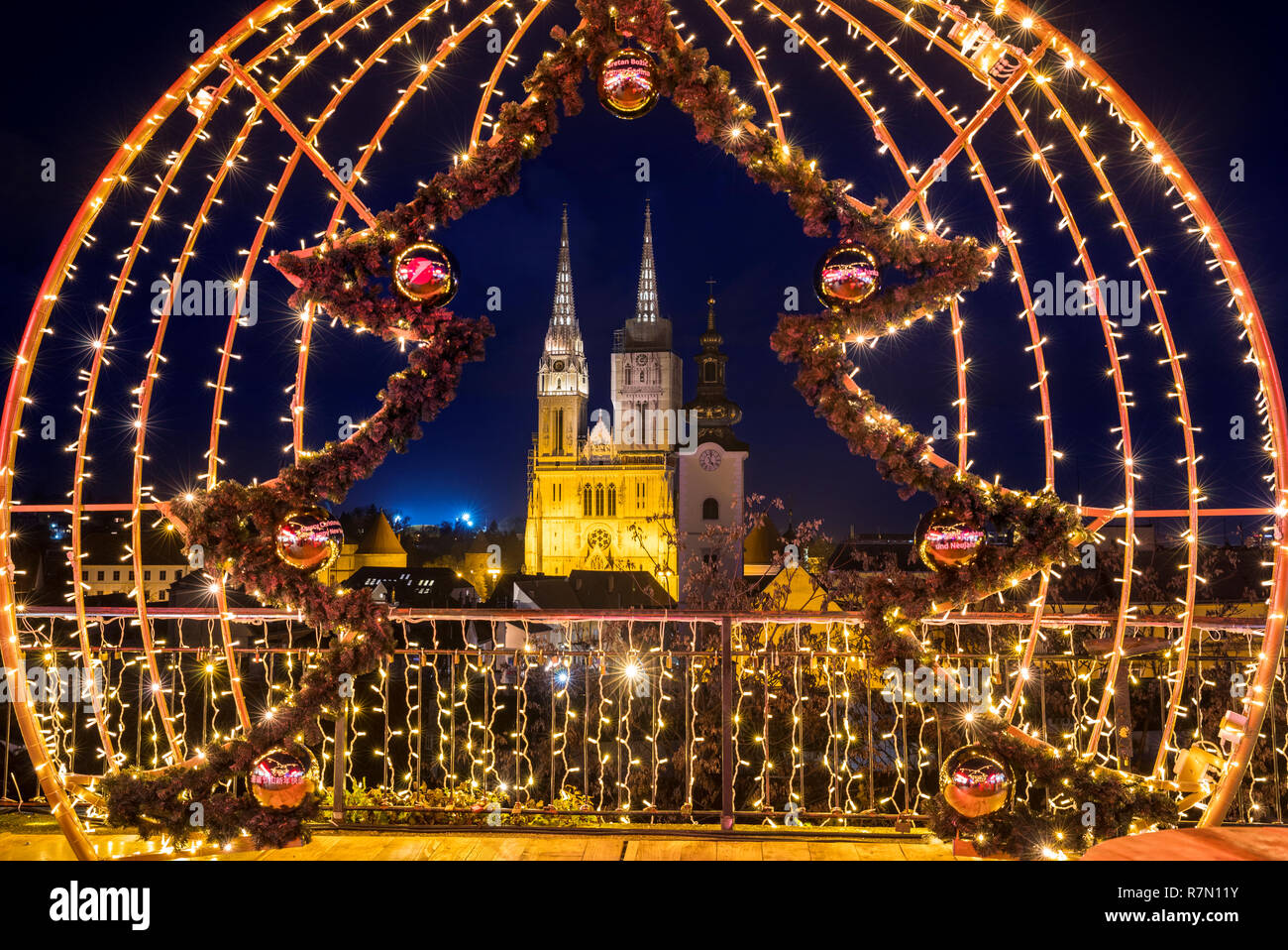 Advent in Zagreb, a view to Zagreb Cathedral to the picture frame at night Stock Photo