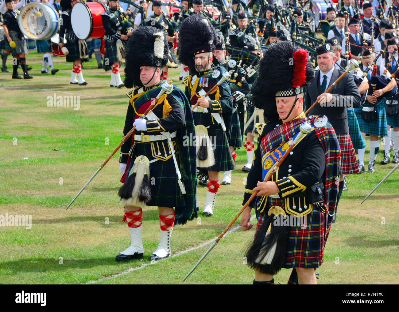 Scottish Pipe band parade at the Aboyne highland games 2018  led by the drum major- Aberdeenshire, Scotland Stock Photo