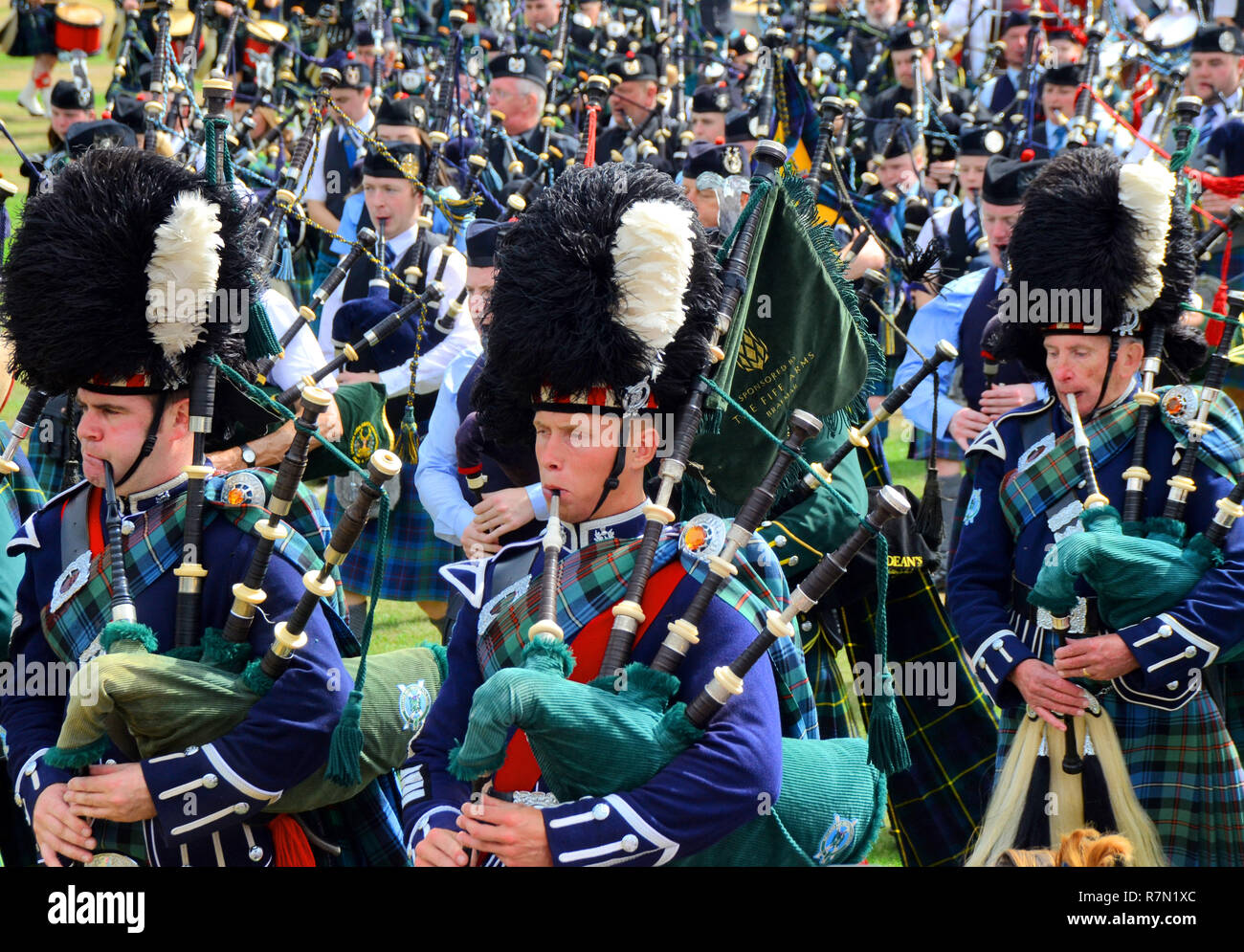 Scottish Pipe band parade at the Aboyne highland games 2018, Aberdeenshire, scotland Stock Photo