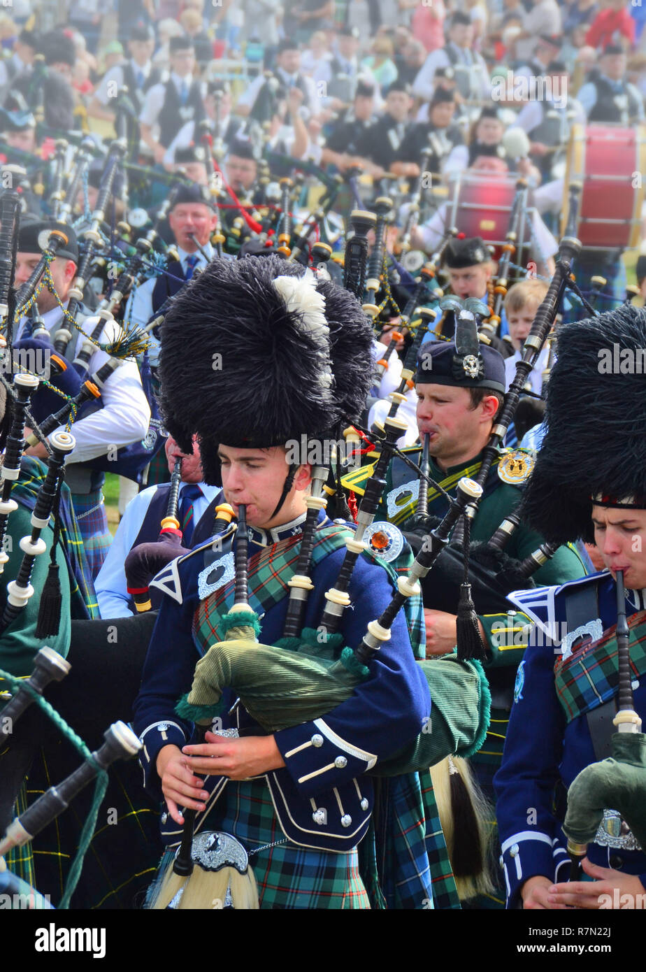 Scottish Pipe band parade at the Aboyne highland games 2018, Aberdeenshire, scotland Stock Photo