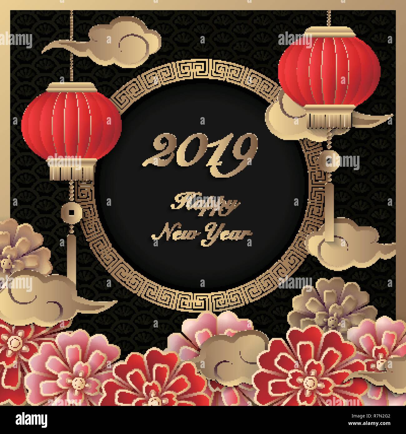 Happy 19 Chinese New Year Retro Gold Black Paper Cut Art And Craft Relief Flower Cloud Lantern Stock Vector Image Art Alamy