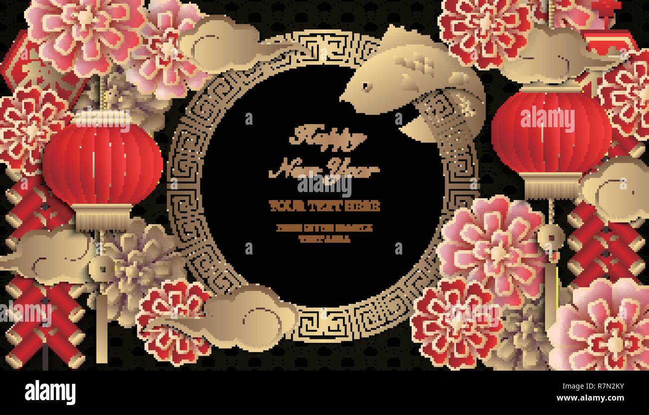 Happy Chinese new year retro gold red relief flower lantern fish cloud ...