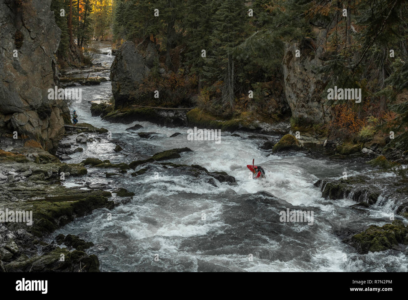 Kayaking white water on Benham Falls, Deschutes River near Bend, Oregon