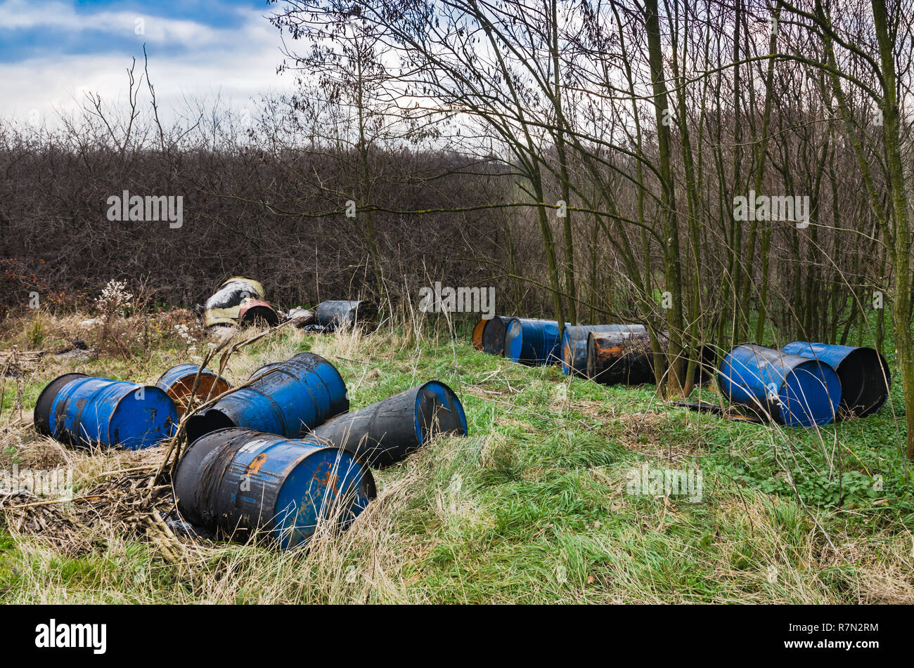 Barrels of toxic waste in nature, pollution of the environment. Stock Photo