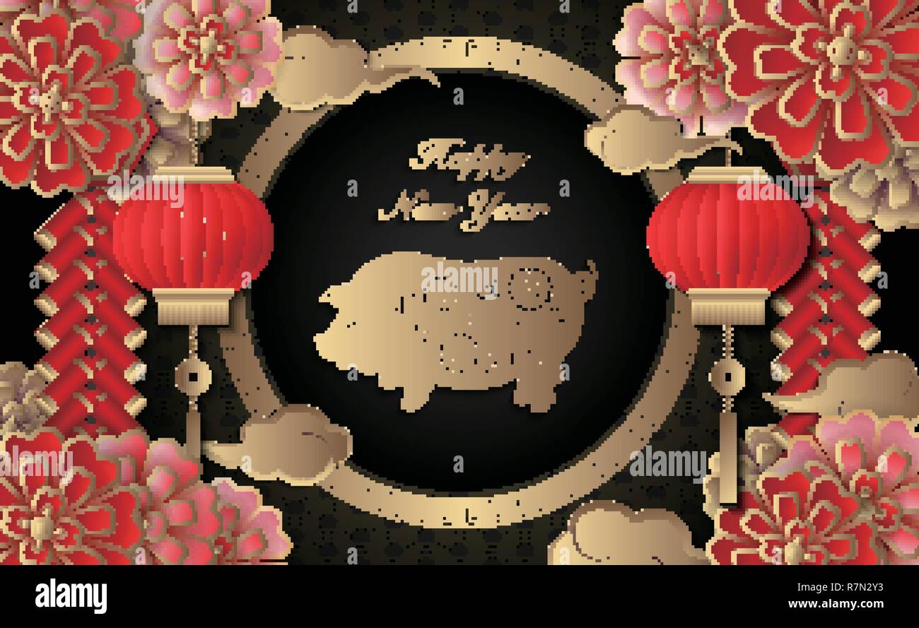Happy Chinese new year retro gold relief flower lantern pig cloud ...