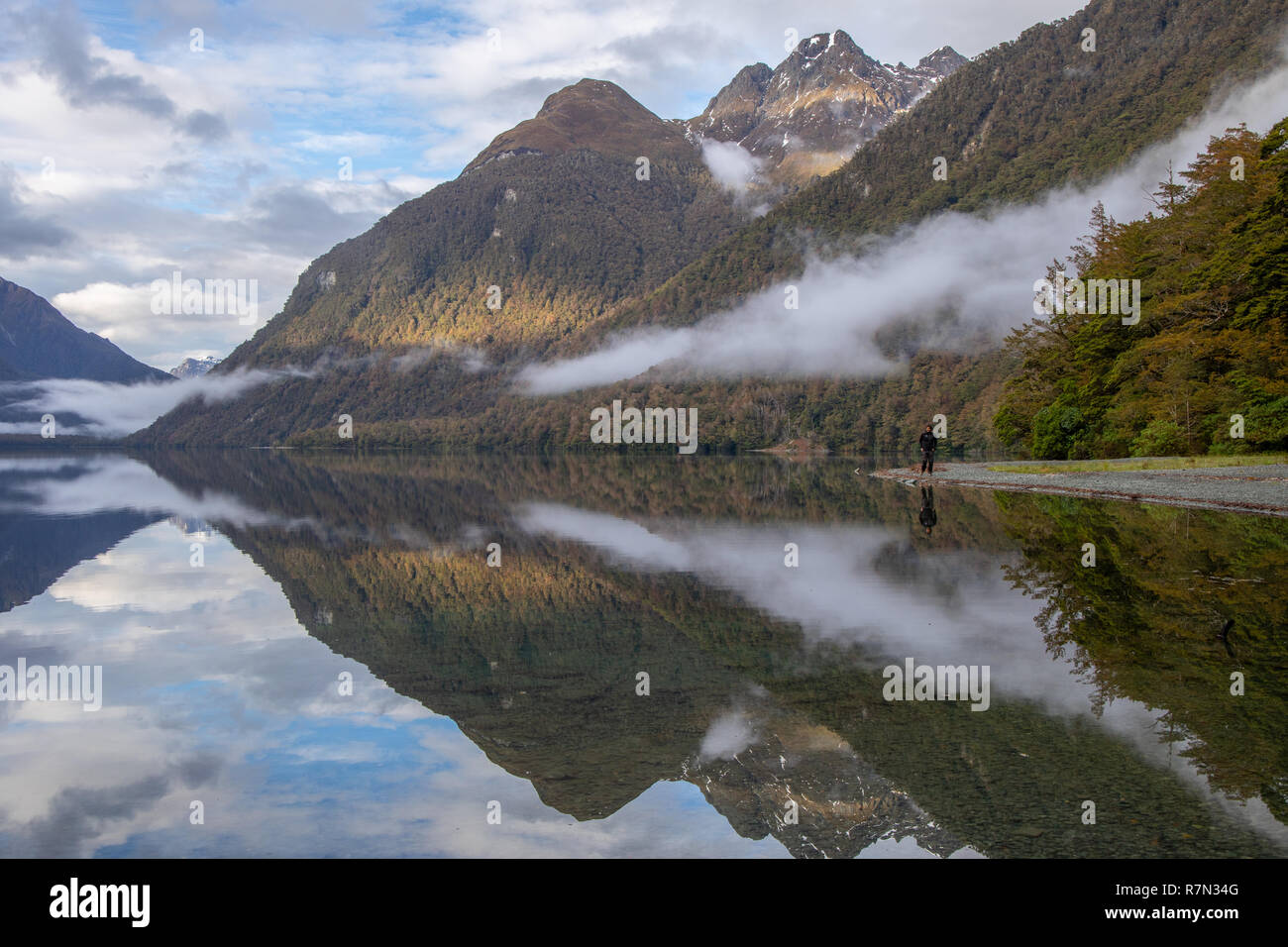 One Person at Lake Gunn with reflections, New Zealand Stock Photo