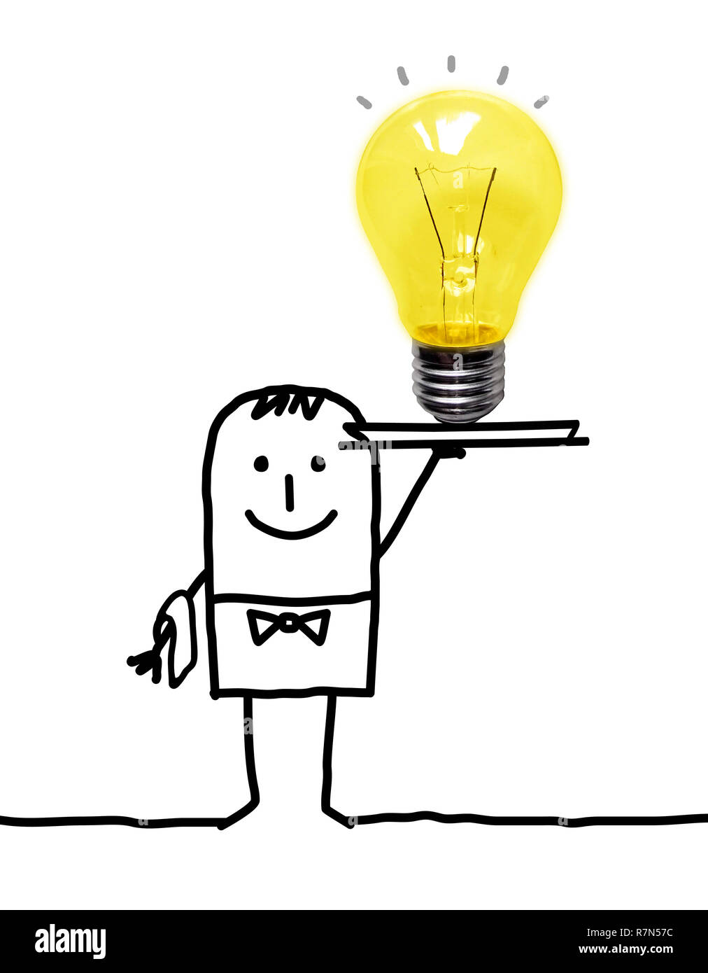 Hand drawn Cartoon Waiter with big Light Bulb in a Tray Stock Photo