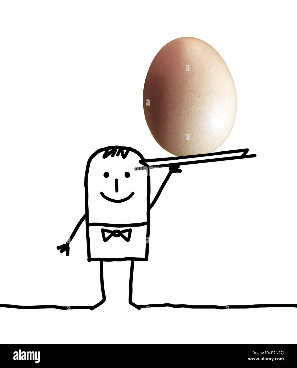 Hand drawn Cartoon Waiter with big Fresh Egg in a Tray Stock Photo