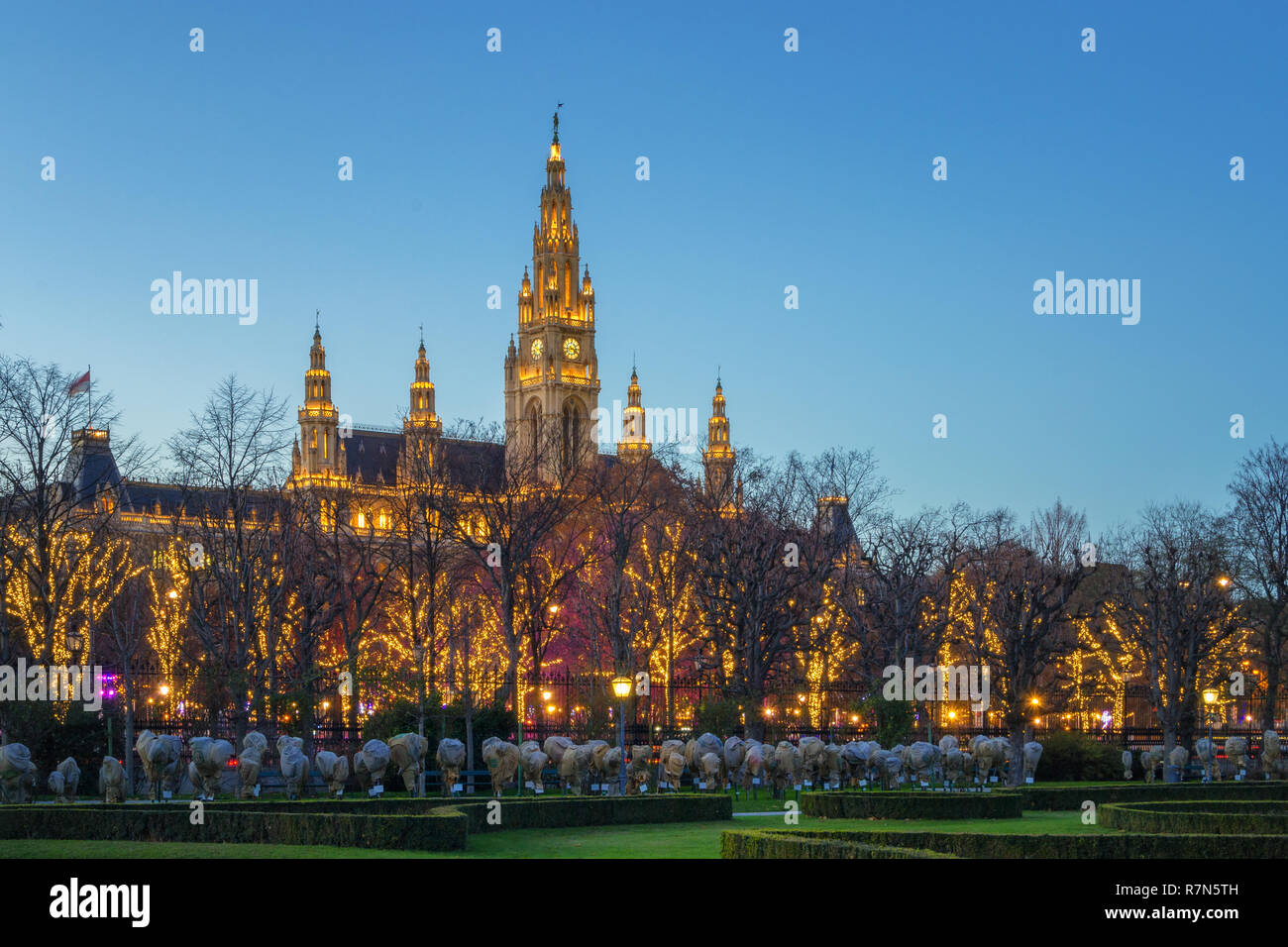 Illuminated Town Hall of Vienna - Austria Stock Photo