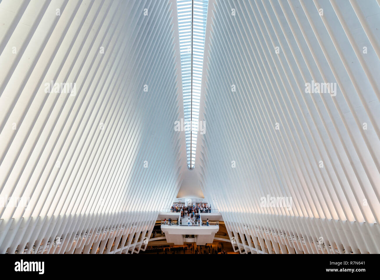 New York City, USA - June 24, 2018: Interior view of World Trade Center Transportation Hub or Oculus designed by Santiago Calatrava architect Stock Photo