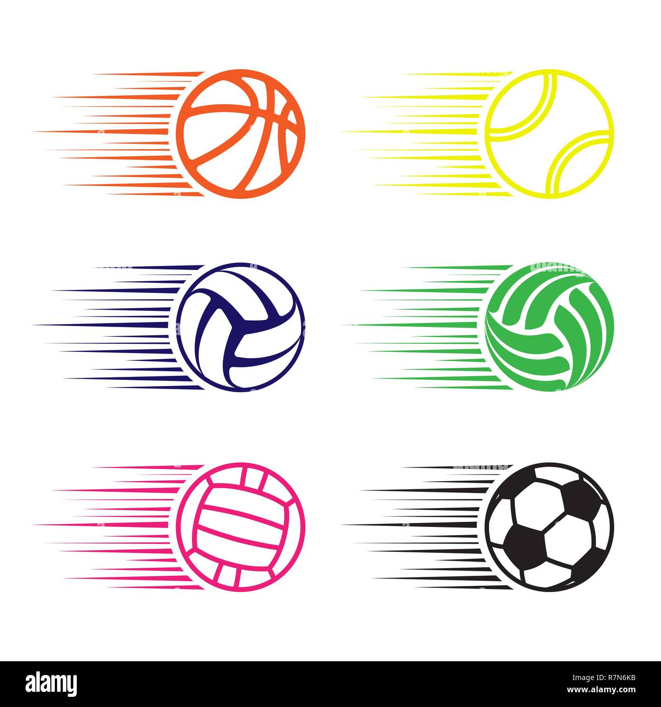 Set of six different color sport balls isolated on white background