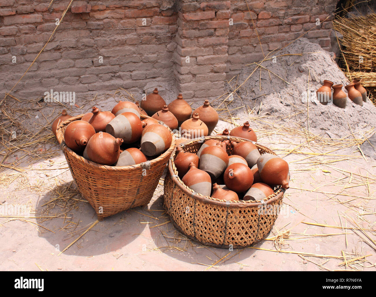 Traditional nepalese pottery in basket, Kathmandu, Nepal Stock Photo