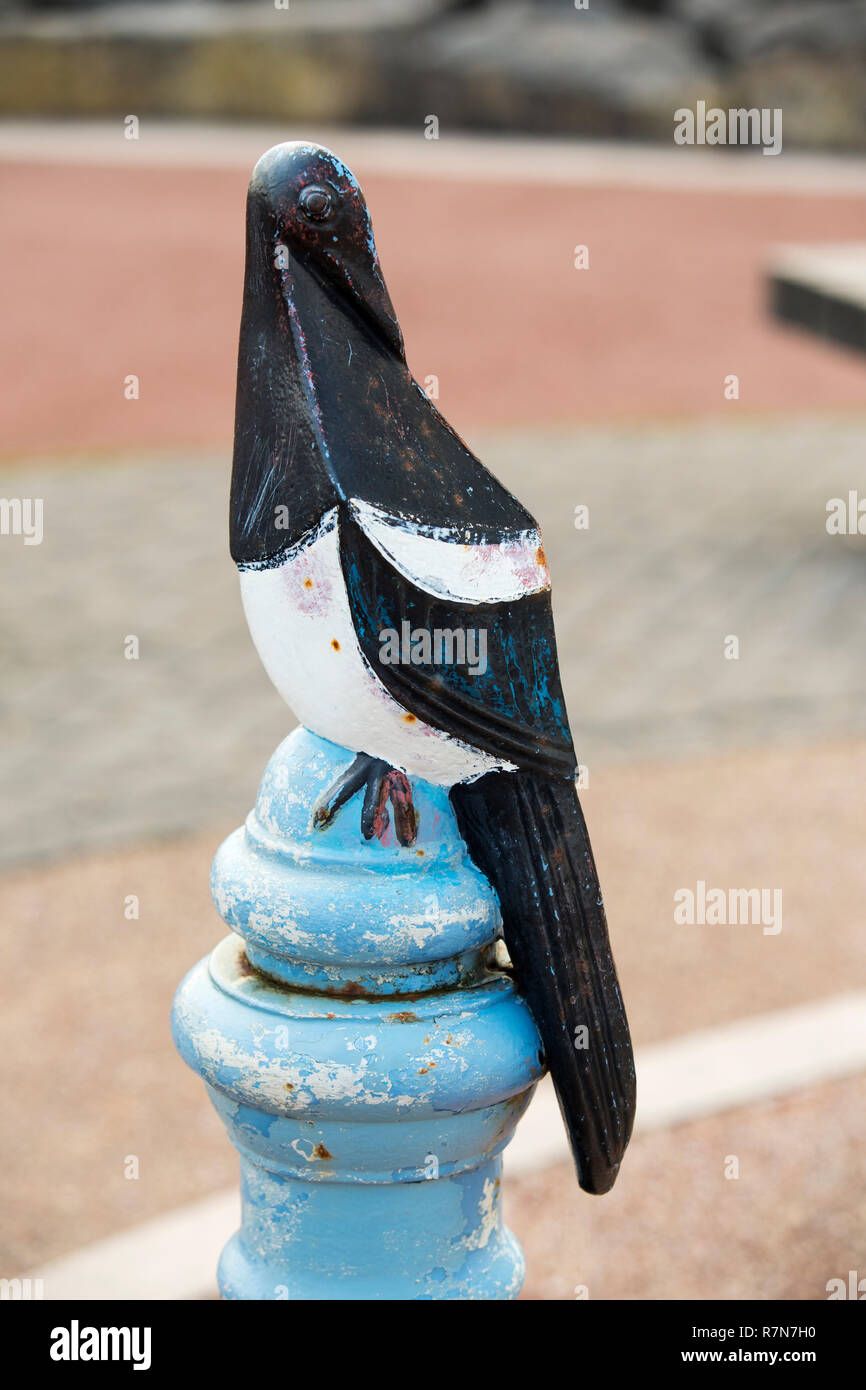 Magpie sculptures on the Old Stone Jetty on Morecambe promenade