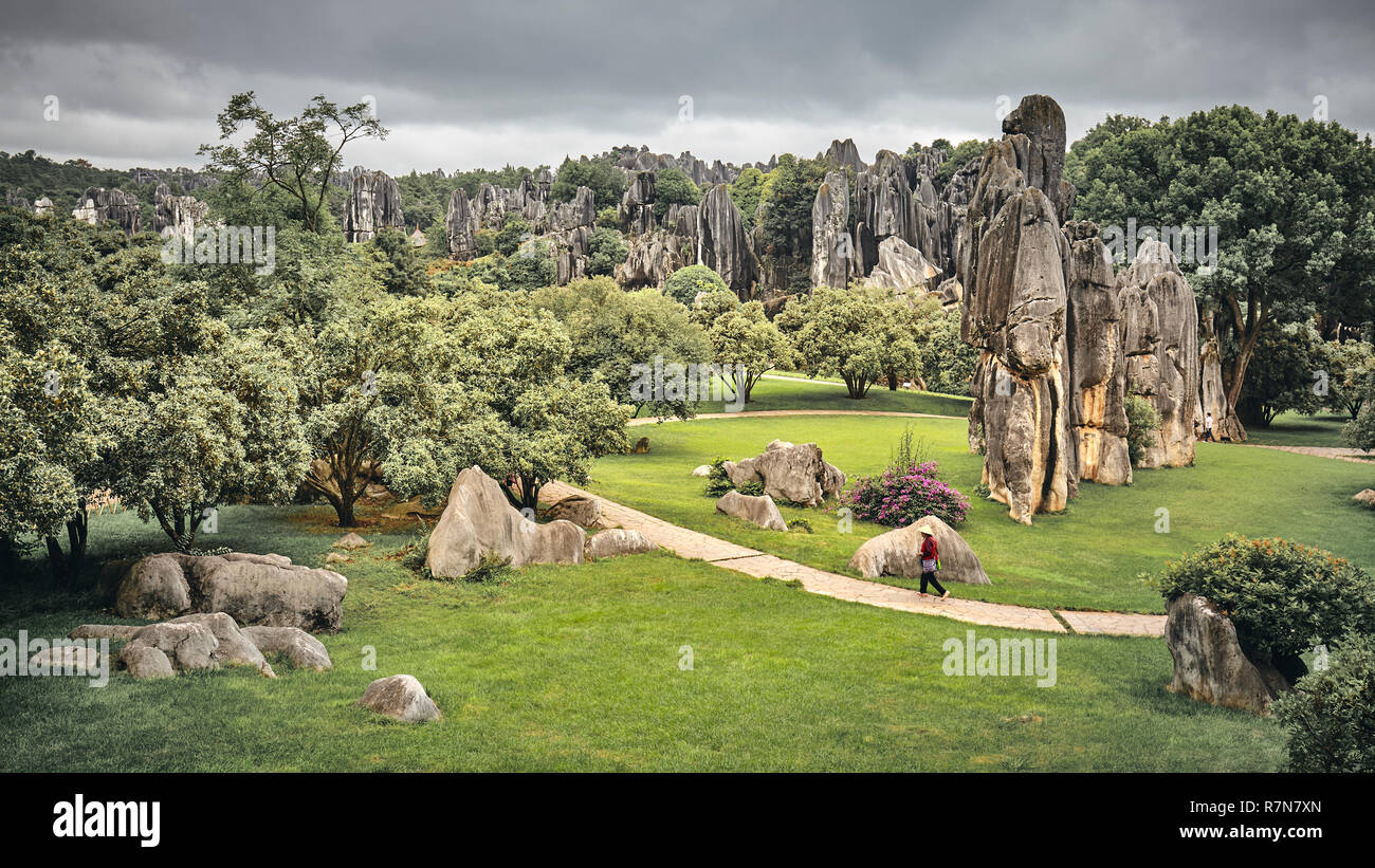 Retro toned panoramic view of the Stone Forest (Shilin). Two sections of the scenic area belong to UNESCO World Heritage Sites as part of the South Ch Stock Photo