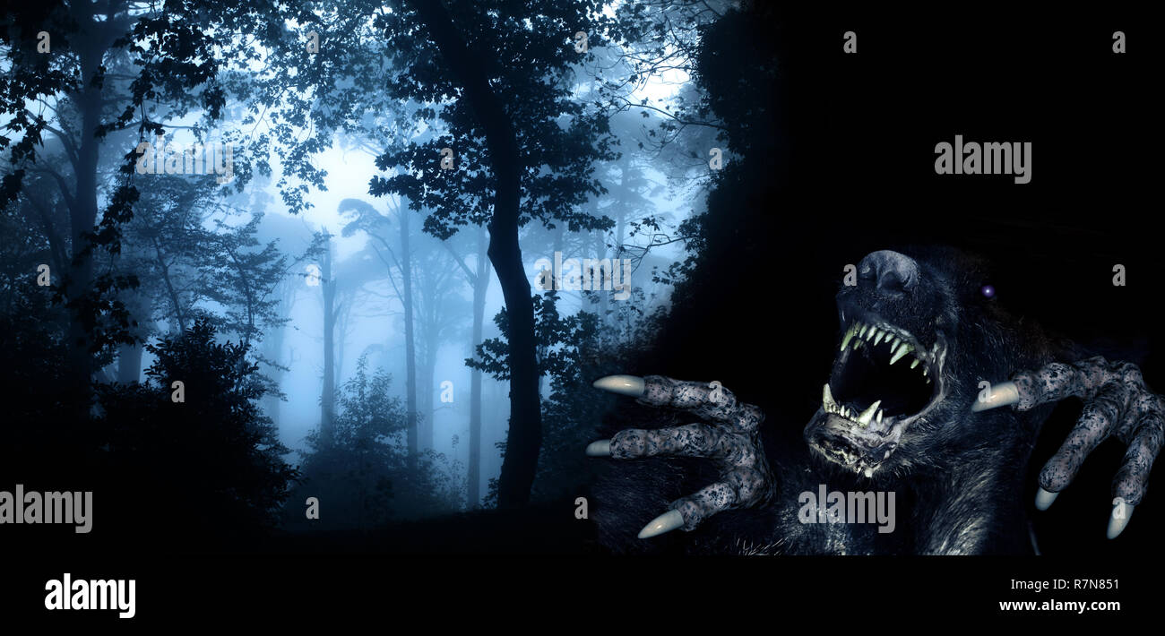 Spooky monster in foggy forest Stock Photo Alamy