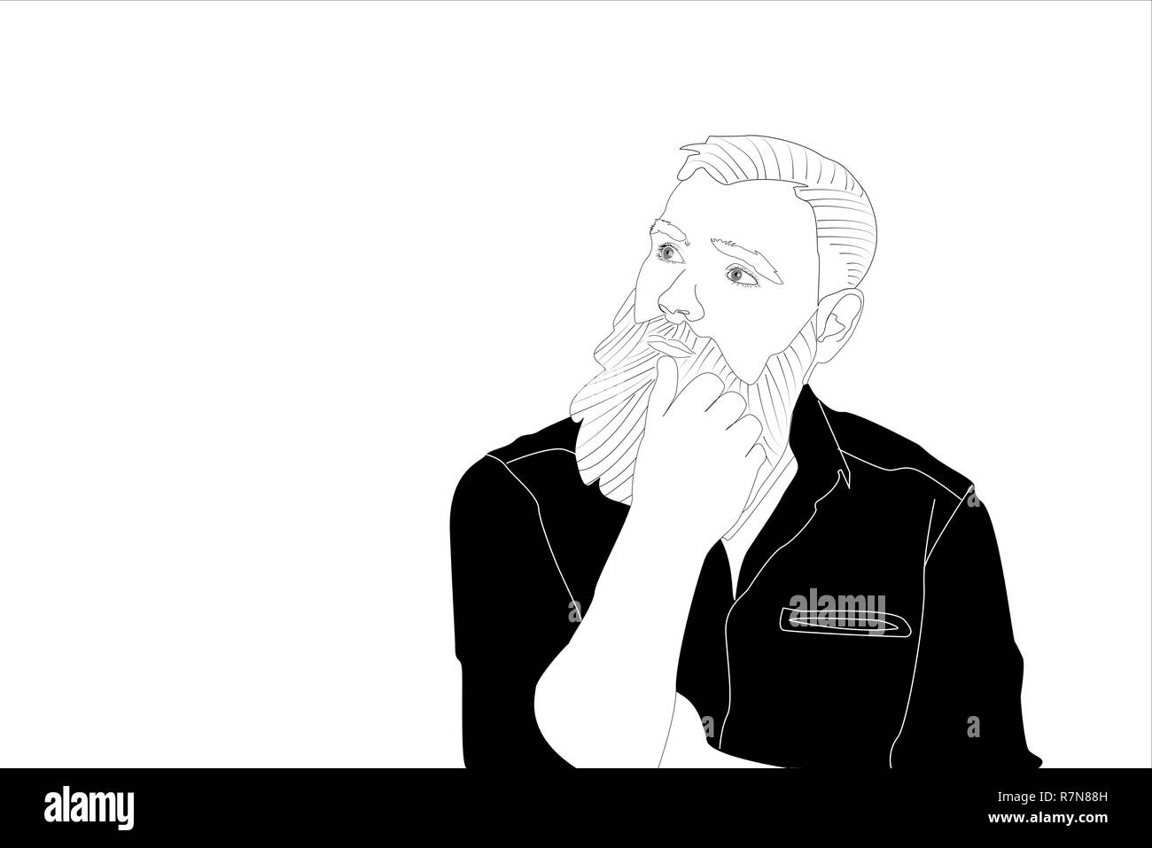 Black And White Sketch Of A Bearded Man Thinking With His Hand To His Beard Looking Towards Copy Space On White Stock Photo Alamy