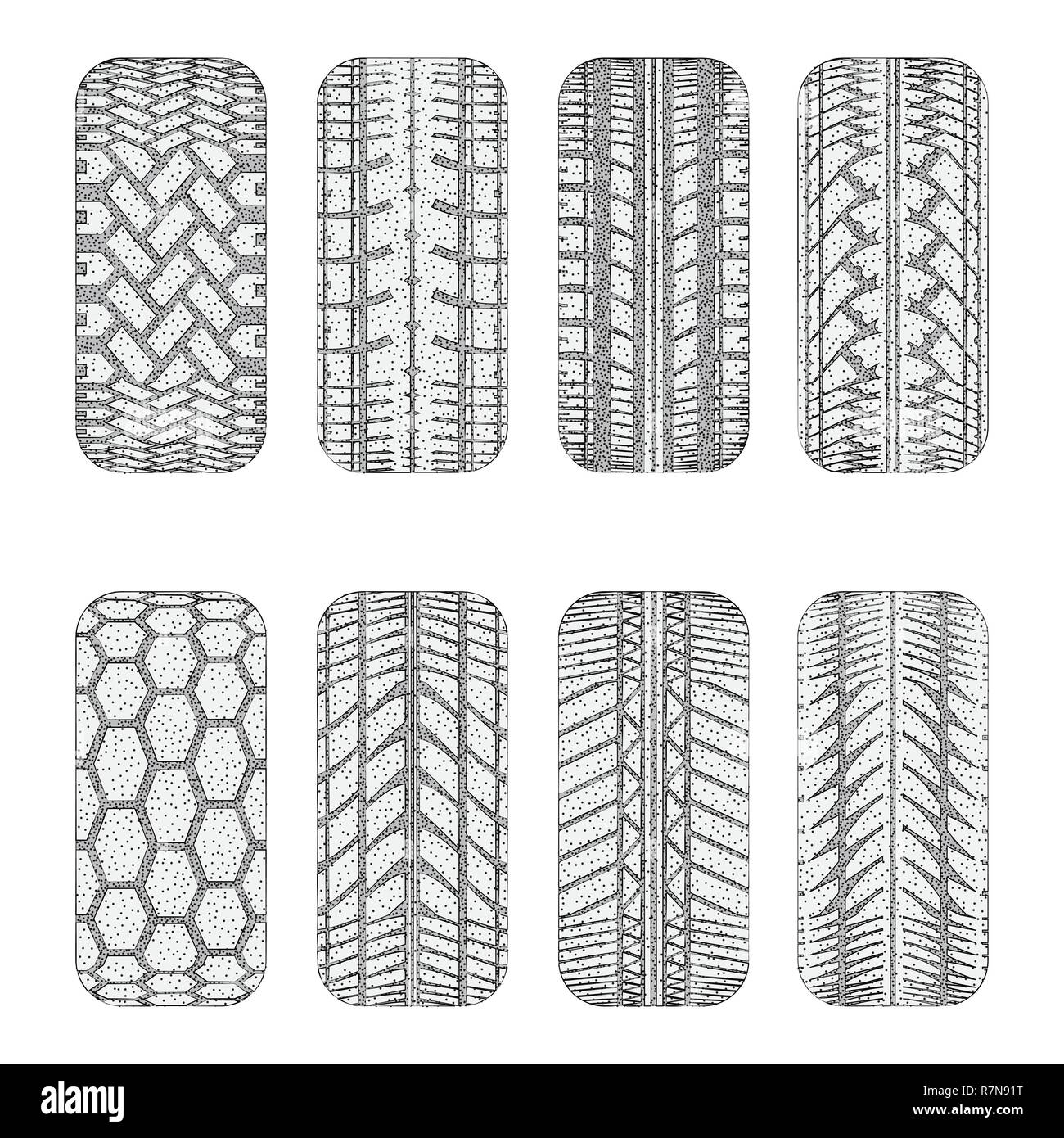 Set of eight black car tire tracks with dots Stock Vector