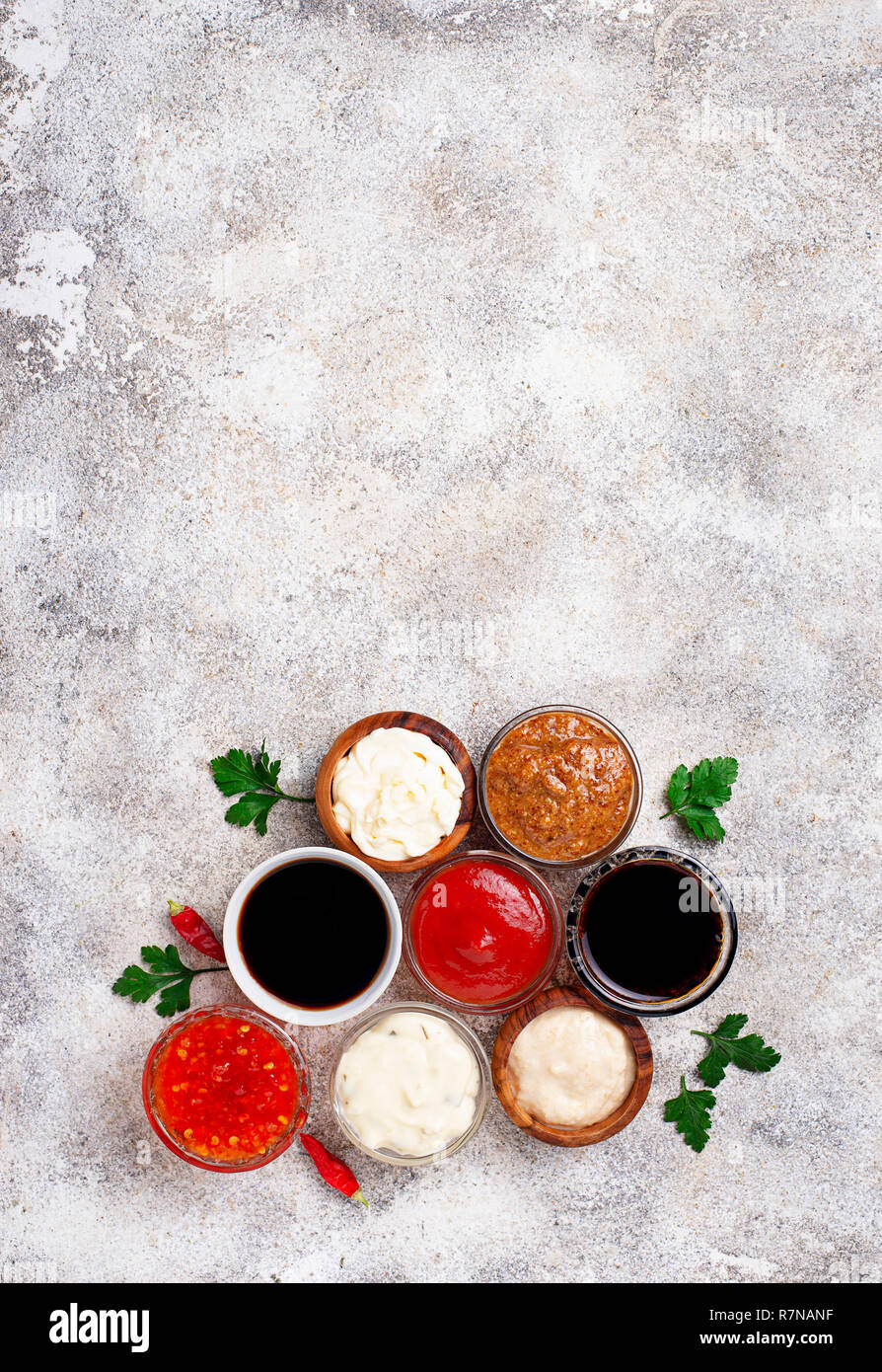 Ketchup, mayonnaise, mustard, horseradish, soy sauce and tartar Stock