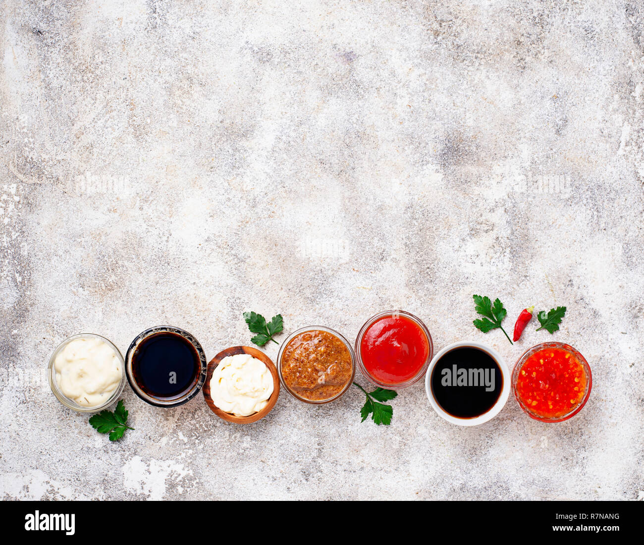 Ketchup, mayonnaise, mustard, horseradish, soy sauce and tartar Stock