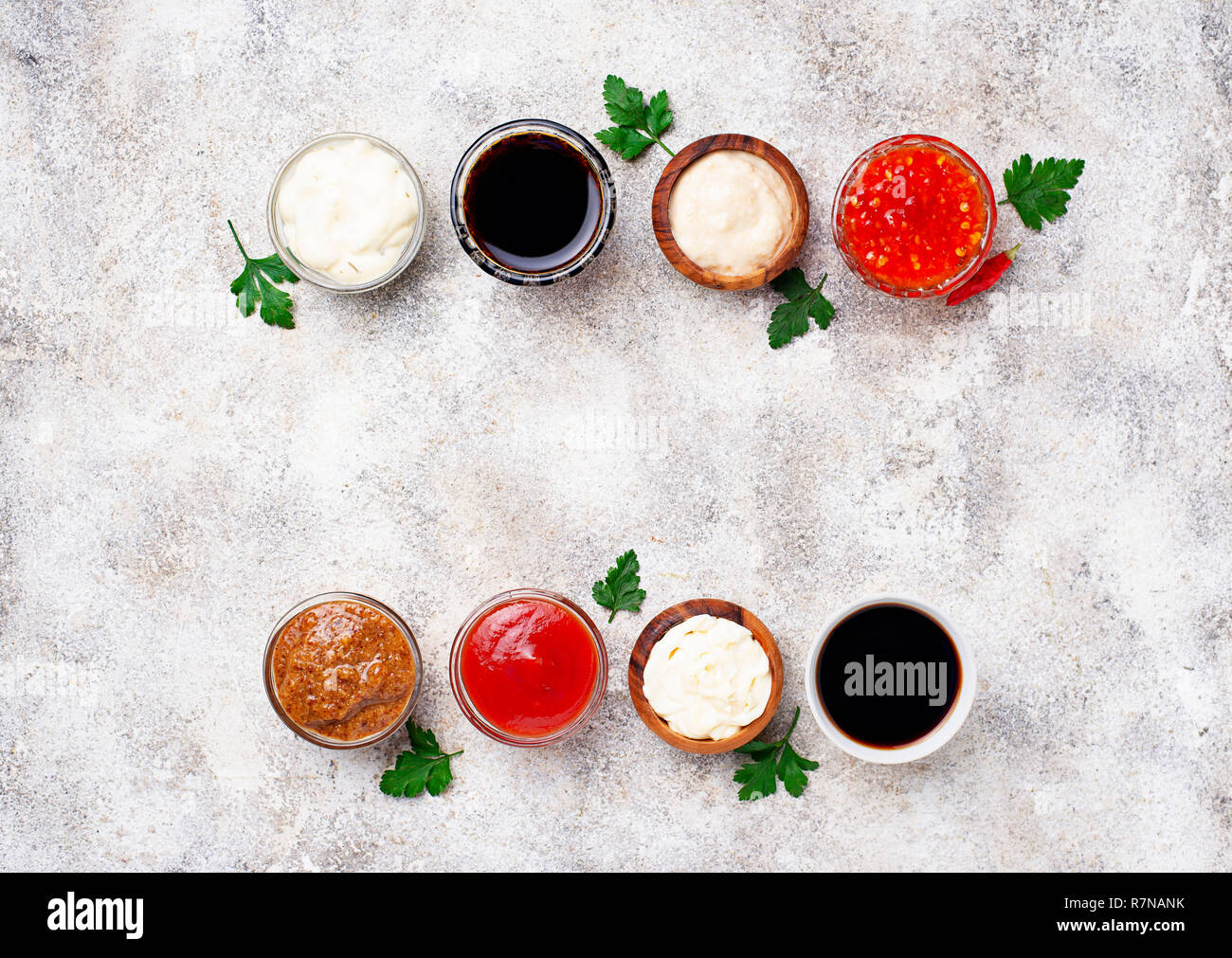 Ketchup, mayonnaise, mustard, horseradish, soy sauce and tartar Stock