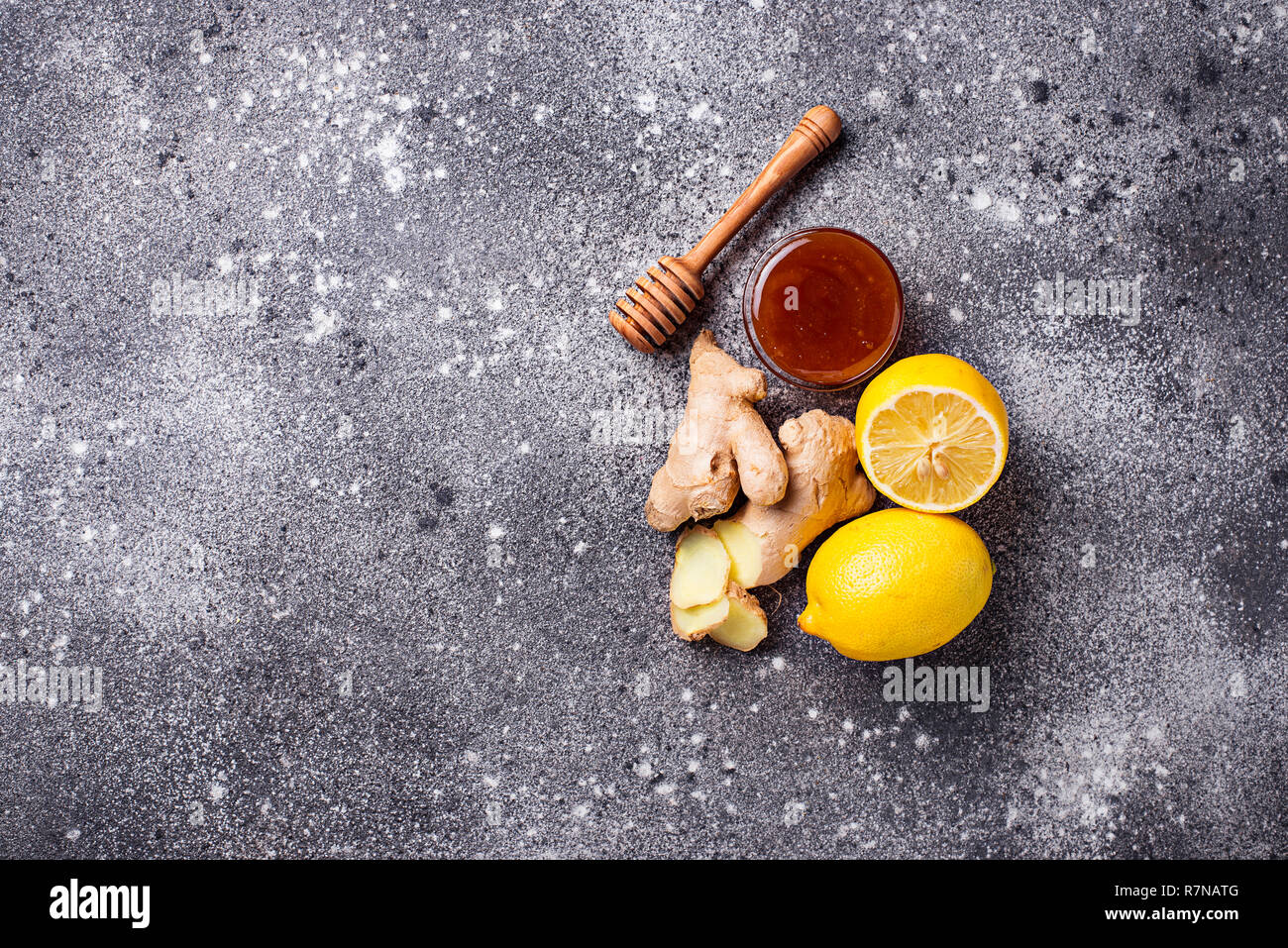 Lemon, ginger and honey. Natural cough and flu remedies.  Stock Photo