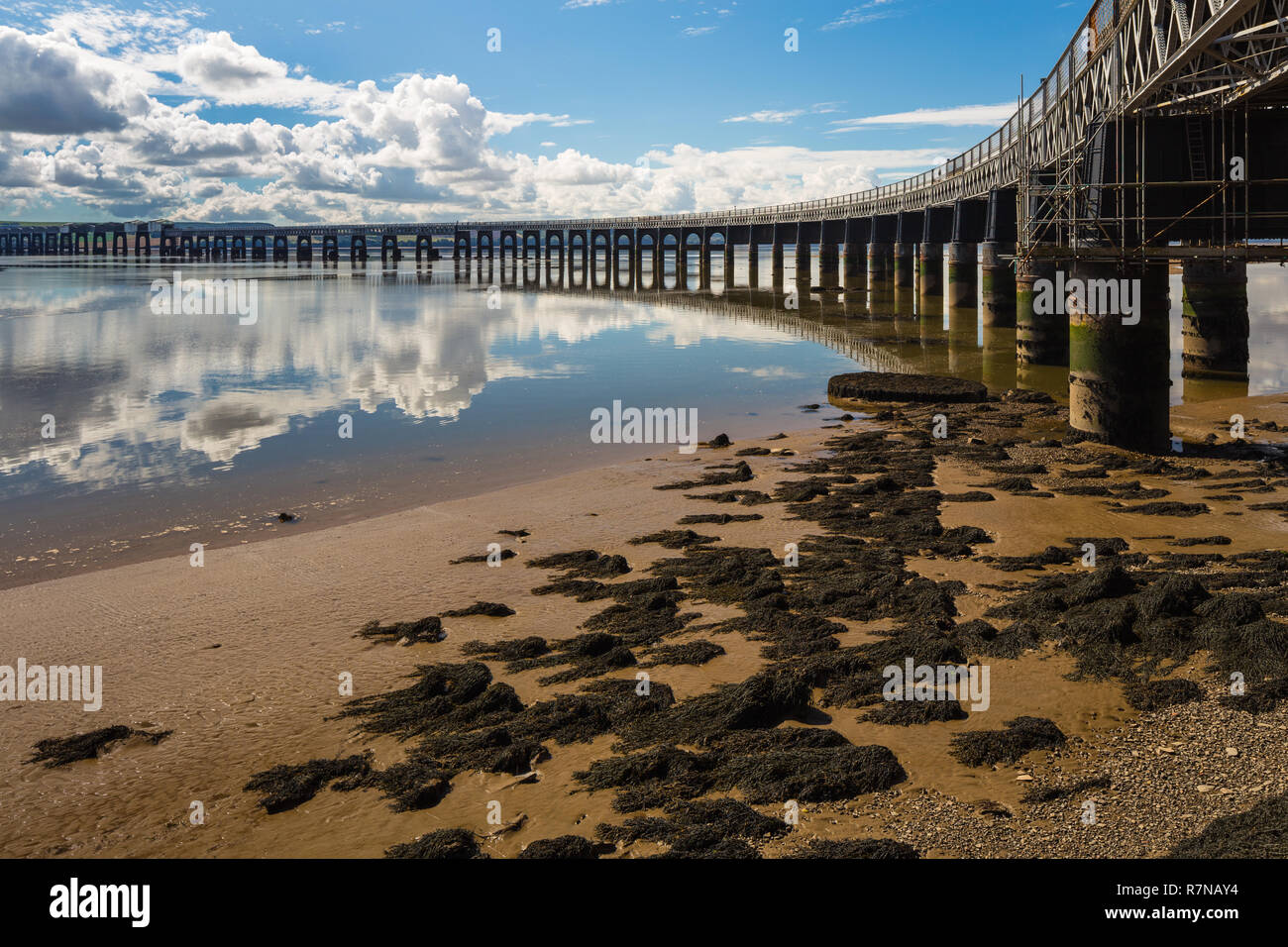 Wide angle view of the Tay Railway Bridge at low tide, from the north-east. Stock Photo